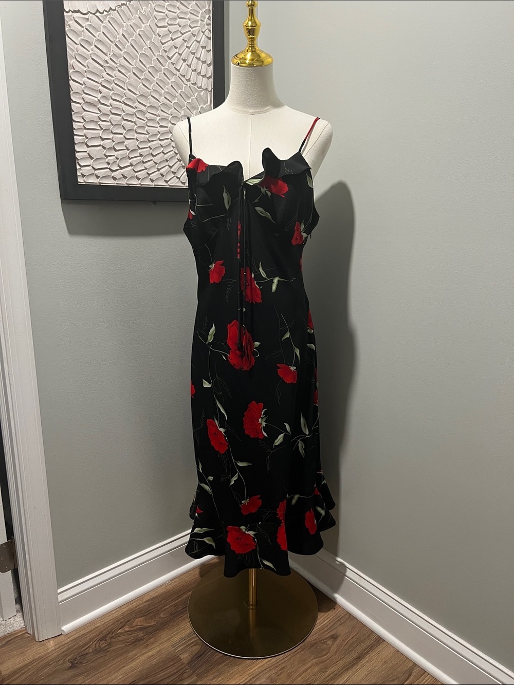 Black Floral Ruffle Midi Dress with Red Rose Print